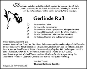 Traueranzeige von Gerlinde Ruß von Thüringer Allgemeine, Thüringische Landeszeitung