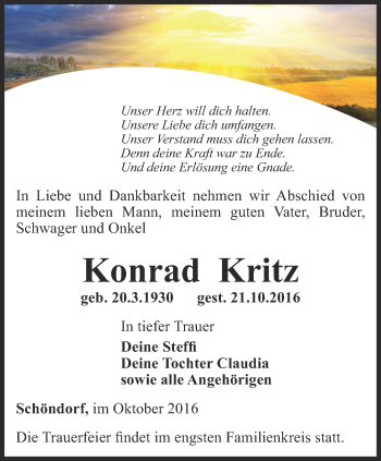 Traueranzeige von Konrad Kritz von Thüringer Allgemeine, Thüringische Landeszeitung