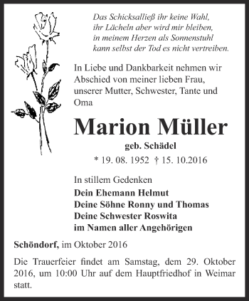 Traueranzeige von Marion Müller von Thüringer Allgemeine, Thüringische Landeszeitung