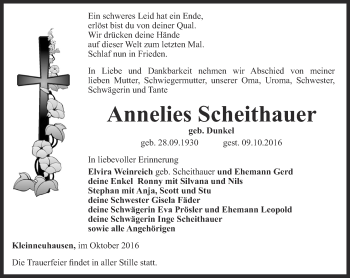 Traueranzeige von Annelies Scheithauer von Thüringer Allgemeine