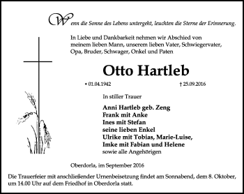 Traueranzeige von Otto Hartleb von Thüringer Allgemeine, Thüringische Landeszeitung