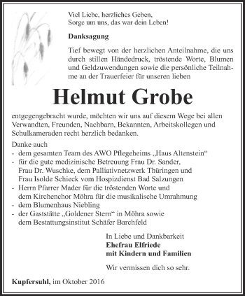 Traueranzeige von Helmut Grobe von Thüringer Allgemeine, Thüringische Landeszeitung