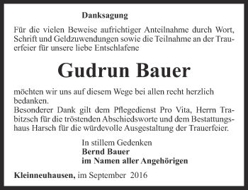 Traueranzeige von Gudrun Bauer von Thüringer Allgemeine