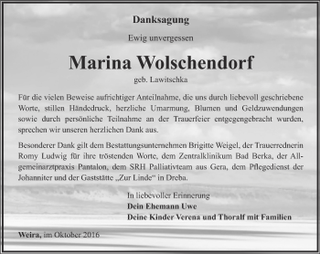 Traueranzeige von Marina Wolschendorf von Ostthüringer Zeitung