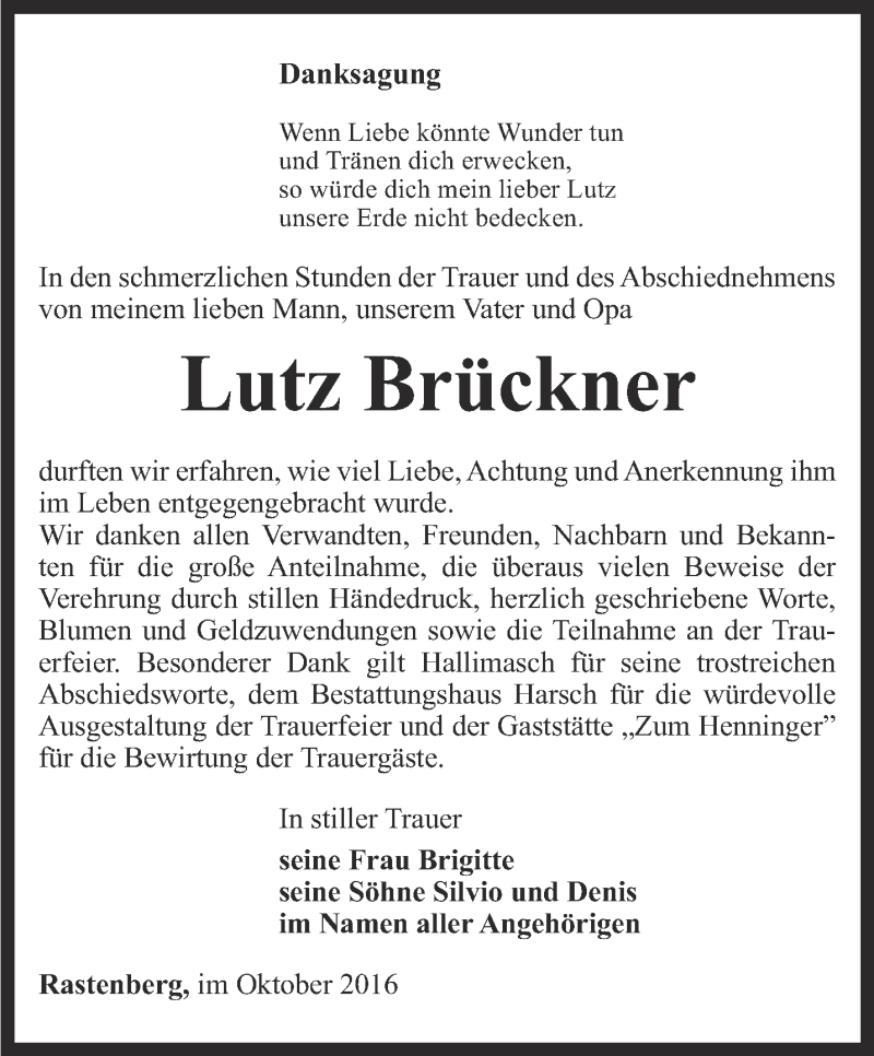  Traueranzeige für Lutz Brückner vom 14.10.2016 aus Thüringer Allgemeine