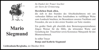 Traueranzeige von Mario Siegmund von Ostthüringer Zeitung