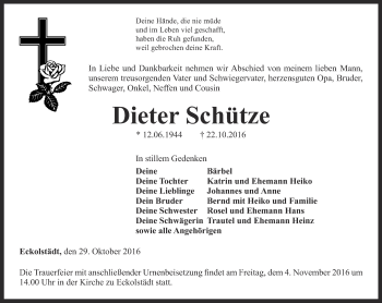 Traueranzeige von Dieter Schütze von Thüringer Allgemeine, Thüringische Landeszeitung