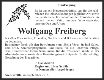 Traueranzeige von Wolfgang Freiberg von Thüringer Allgemeine, Thüringische Landeszeitung