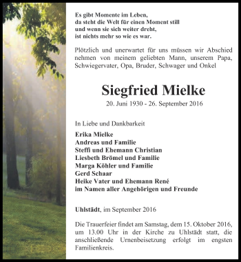 Traueranzeige von Siegfried Mielke von Ostthüringer Zeitung