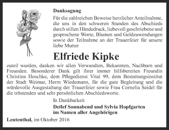 Traueranzeige von Elfriede Kipke von Thüringer Allgemeine, Thüringische Landeszeitung