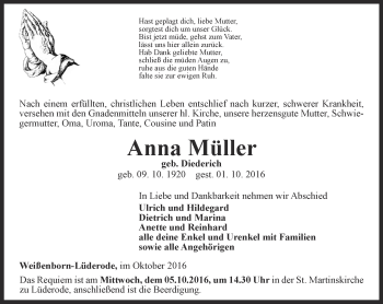 Traueranzeige von Anna Müller von Thüringer Allgemeine