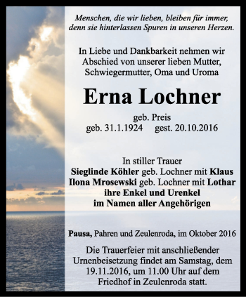 Traueranzeige von Erna Lochner von Ostthüringer Zeitung