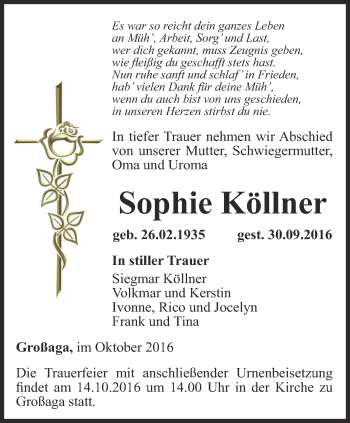 Traueranzeige von Sophie Köllner von Ostthüringer Zeitung