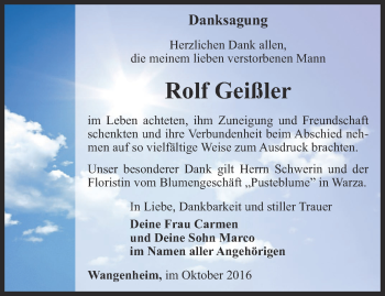 Traueranzeige von Rolf Geißler von Ostthüringer Zeitung, Thüringische Landeszeitung