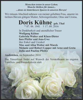 Traueranzeige von Doris Kühne von Thüringer Allgemeine, Thüringische Landeszeitung