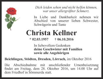 Traueranzeige von Christa Kellner von Thüringer Allgemeine