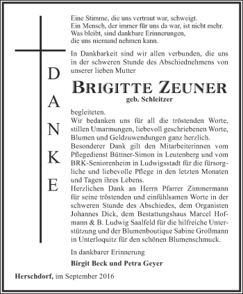 Traueranzeige von Brigitte Zeuner von Ostthüringer Zeitung