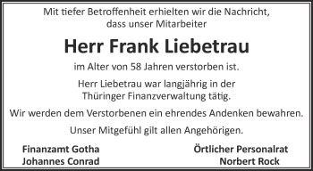 Traueranzeige von Frank Liebetrau von Thüringer Allgemeine, Thüringische Landeszeitung