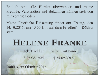 Traueranzeige von Helene Franke von Ostthüringer Zeitung