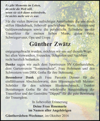 Traueranzeige von Günther Zwätz von Ostthüringer Zeitung, Thüringische Landeszeitung