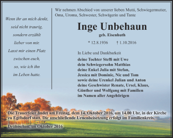 Traueranzeige von Inge Unbehaun von Ostthüringer Zeitung