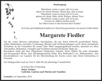 Traueranzeige von Margarete Fiedler von Ostthüringer Zeitung