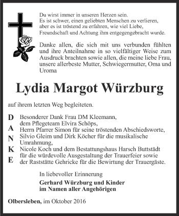 Traueranzeige von Lydia Margot Würzburg von Thüringer Allgemeine