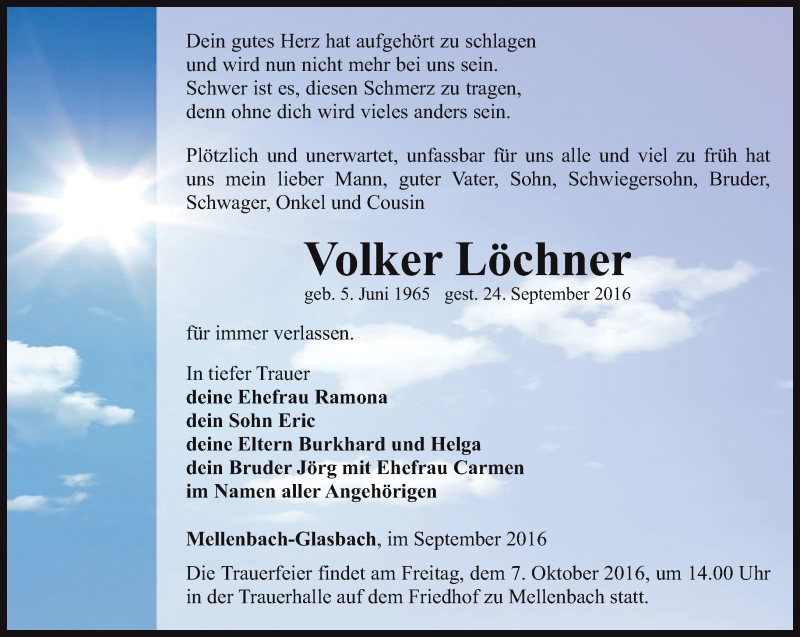  Traueranzeige für Volker Löchner vom 01.10.2016 aus Ostthüringer Zeitung