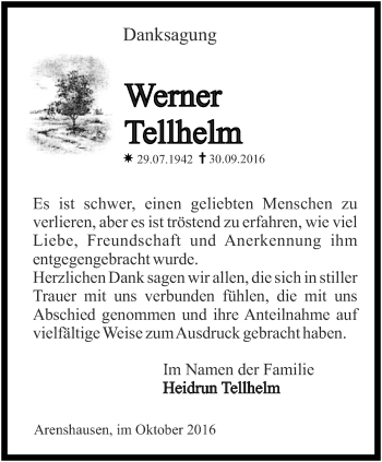 Traueranzeige von Werner Tellheim von Thüringer Allgemeine
