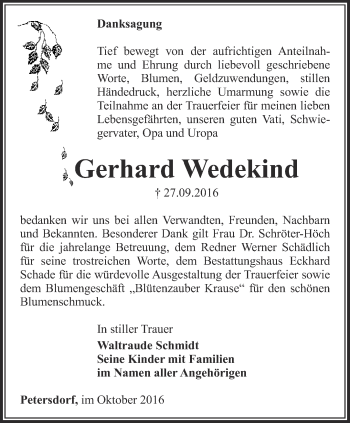 Traueranzeige von Gerhard Wedekind von Thüringer Allgemeine