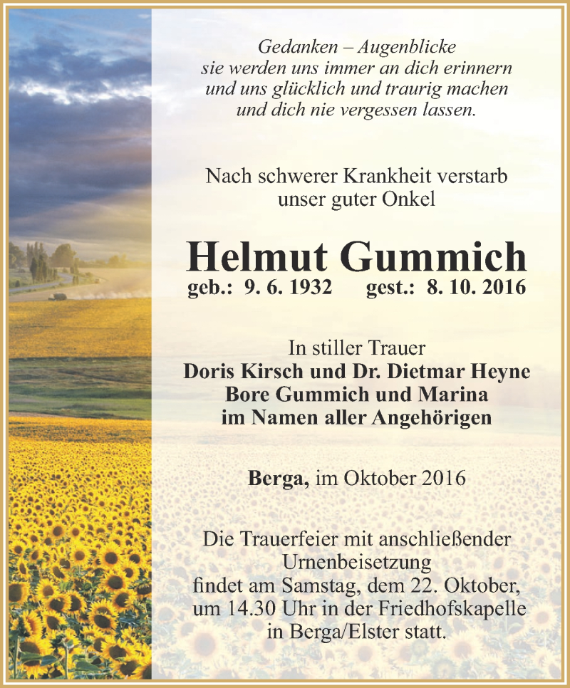  Traueranzeige für Helmut Gummich vom 12.10.2016 aus Ostthüringer Zeitung