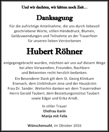 Traueranzeige von Hubert Röhner von Thüringer Allgemeine, Thüringische Landeszeitung