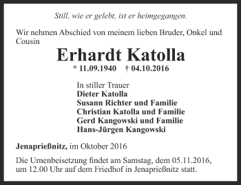 Traueranzeige von Erhardt Katolla von Ostthüringer Zeitung, Thüringische Landeszeitung