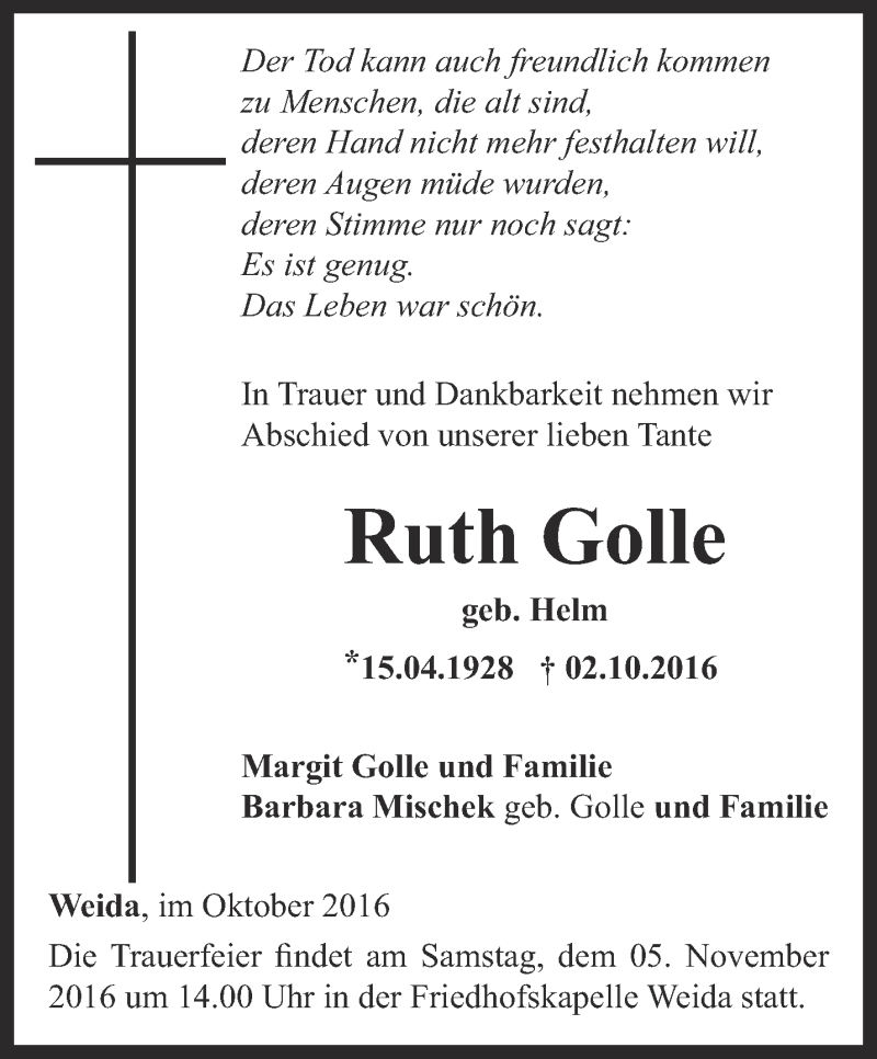  Traueranzeige für Ruth Golle vom 08.10.2016 aus Ostthüringer Zeitung