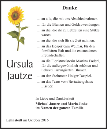 Traueranzeige von Ursula Jautze von Thüringer Allgemeine, Thüringische Landeszeitung