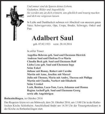 Traueranzeige von Adalbert Saul von Thüringer Allgemeine, Thüringische Landeszeitung
