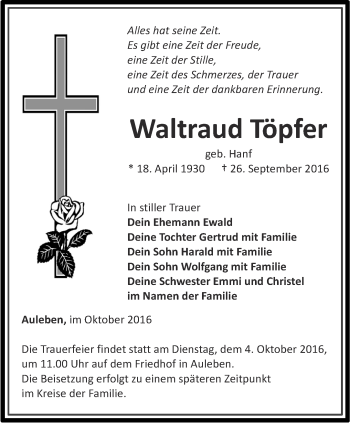 Traueranzeige von Waltraud Töpfer von Thüringer Allgemeine