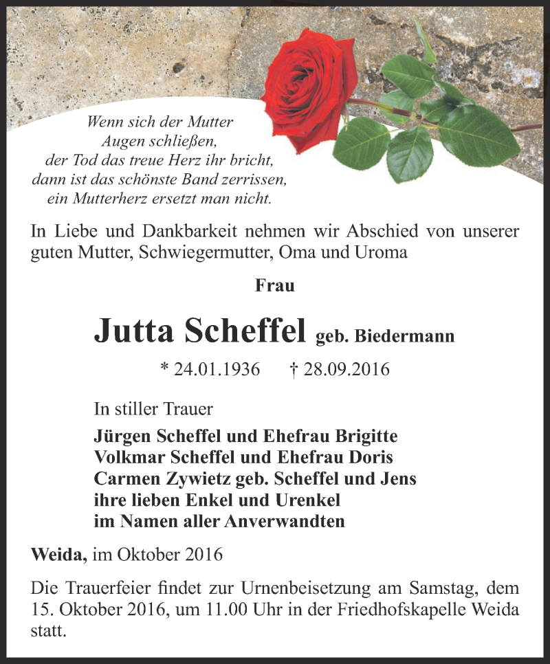  Traueranzeige für Jutta Scheffel vom 01.10.2016 aus Ostthüringer Zeitung