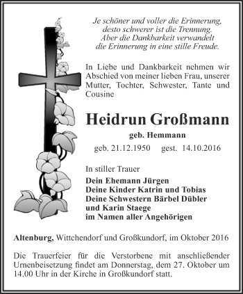 Traueranzeige von Heidrun Großmann von Ostthüringer Zeitung