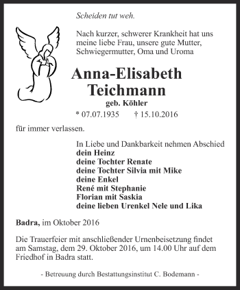 Traueranzeige von Anna-Elisabeth Teichmann von Thüringer Allgemeine