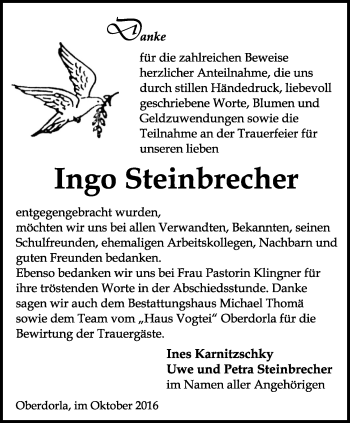 Traueranzeige von Ingo Steinbrecher von Thüringer Allgemeine, Thüringische Landeszeitung