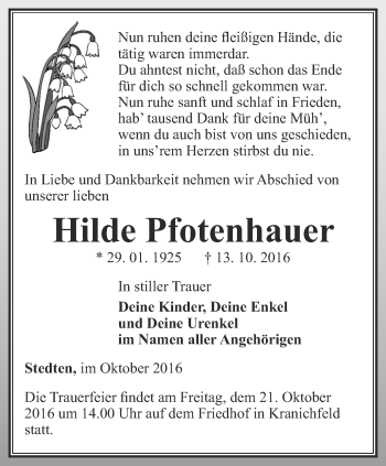 Traueranzeige von Hilde Pfotenhauer von Thüringer Allgemeine, Thüringische Landeszeitung