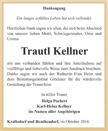 Traueranzeige von Trautl Kellner von Ostthüringer Zeitung