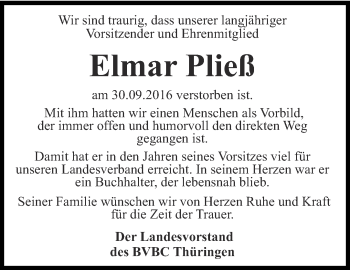 Traueranzeige von Elmar Pließ von Thüringer Allgemeine, Thüringische Landeszeitung