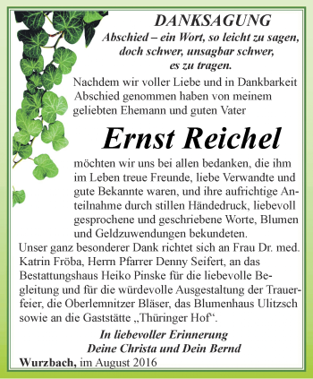 Traueranzeige von Ernst Reichel von Ostthüringer Zeitung