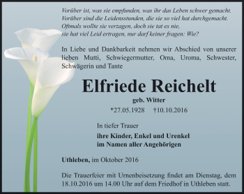 Traueranzeige von Elfriede Reichelt von Thüringer Allgemeine