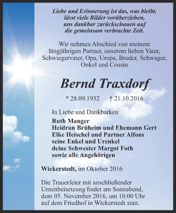 Traueranzeige von Bernd Traxdorf von Thüringer Allgemeine, Thüringische Landeszeitung