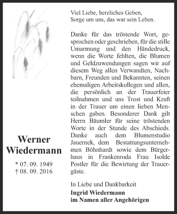 Traueranzeige von Werner Wiedermann von Thüringer Allgemeine, Thüringische Landeszeitung