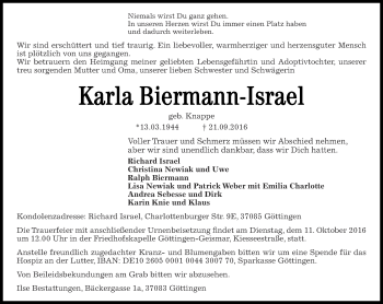 Traueranzeige von Karla Biermann-Israel von Thüringer Allgemeine