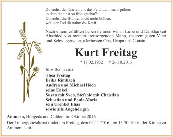 Traueranzeige von Kurt Freitag von Thüringer Allgemeine, Thüringische Landeszeitung